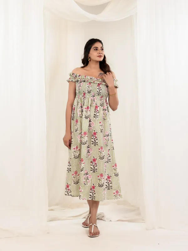 Pastel_Green_Cotton_Off_Shoulder_Block_Print_Midi_Dress_For_Women