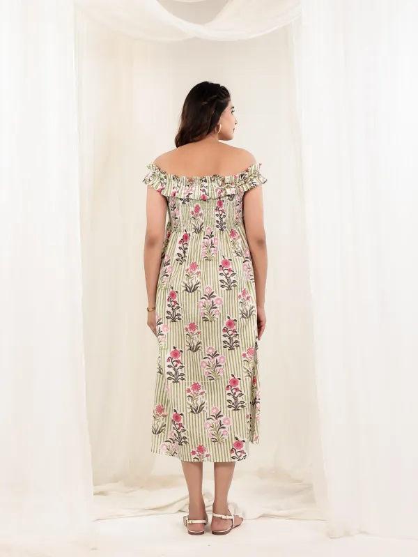 Pastel_Green_Cotton_Off_Shoulder_Block_Print_Midi_Dress_For_Women
