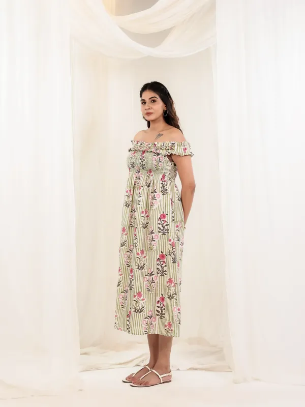 Pastel_Green_Cotton_Off_Shoulder_Block_Print_Midi_Dress_For_Women