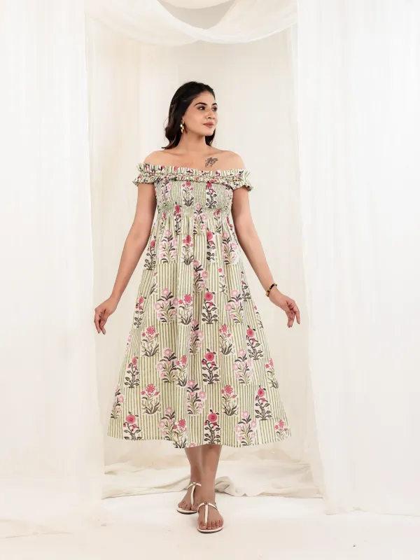 Pastel_Green_Cotton_Off_Shoulder_Block_Print_Midi_Dress_For_Women