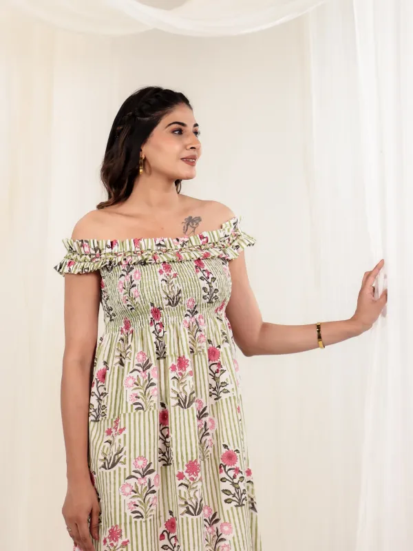 Pastel_Green_Cotton_Off_Shoulder_Block_Print_Midi_Dress_For_Women