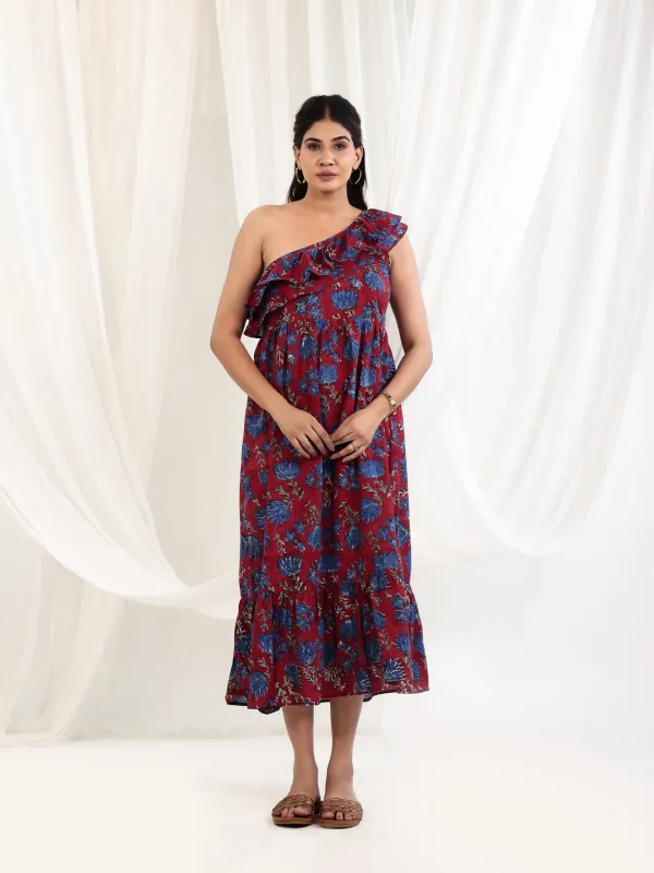 Maroon_Cotton_One_Shoulder_Block_Print_Maxi_Dress_For_Women