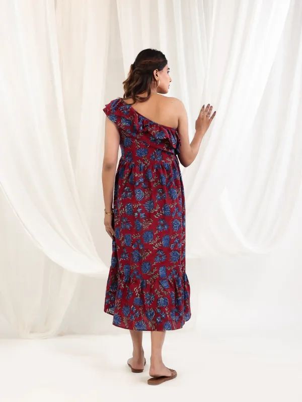 Maroon_Cotton_One_Shoulder_Block_Print_Maxi_Dress_For_Women