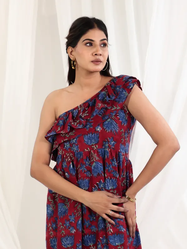 Maroon_Cotton_One_Shoulder_Block_Print_Maxi_Dress_For_Women