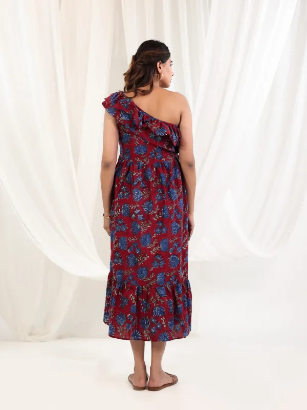 Maroon_Cotton_One_Shoulder_Block_Print_Maxi_Dress_For_Women