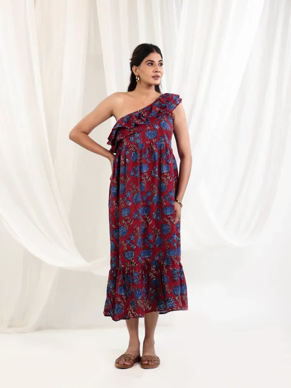 Maroon_Cotton_One_Shoulder_Block_Print_Maxi_Dress_For_Women