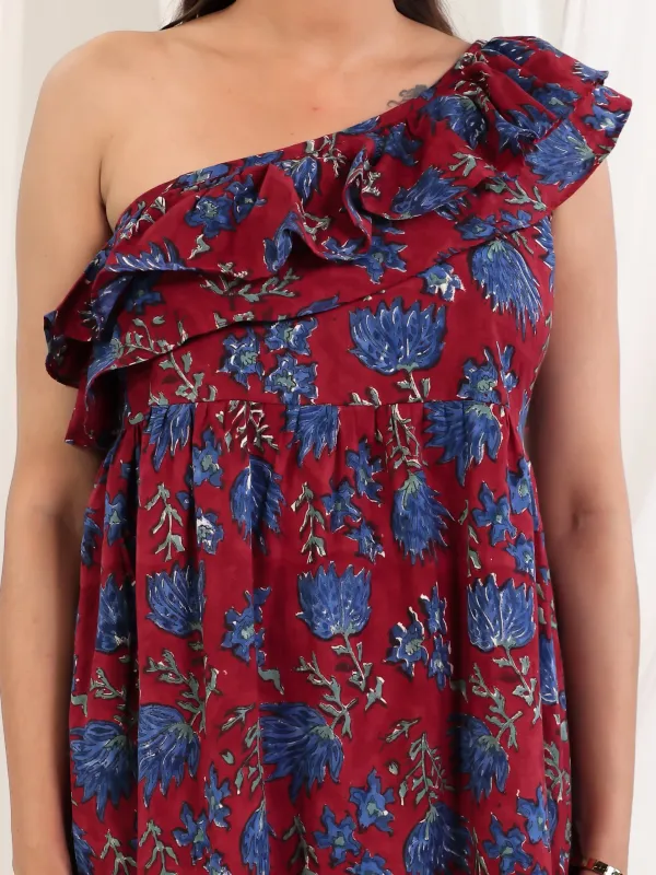 Maroon_Cotton_One_Shoulder_Block_Print_Maxi_Dress_For_Women
