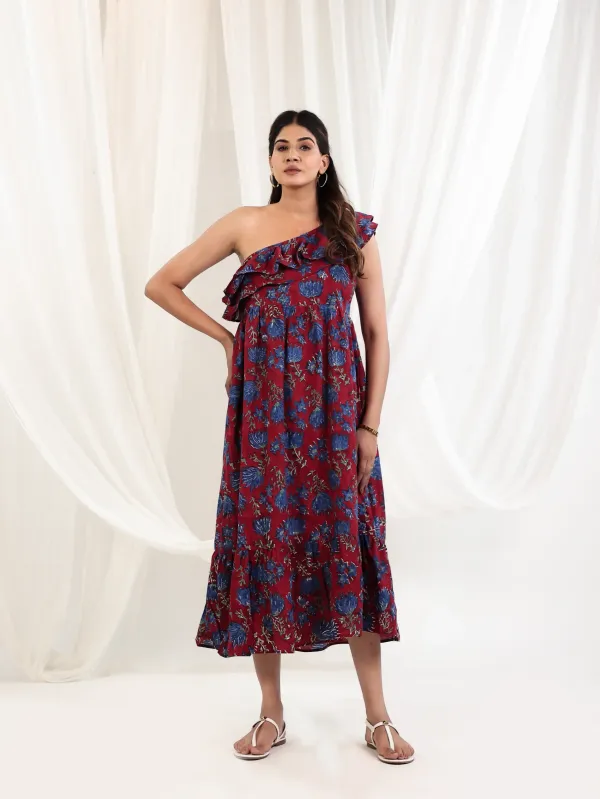 Maroon_Cotton_One_Shoulder_Block_Print_Maxi_Dress_For_Women