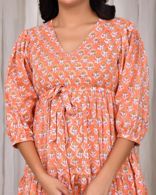 Peach_Cotton_Balloon_Sleeve_Block_Print_Mini_Dress_For_Women