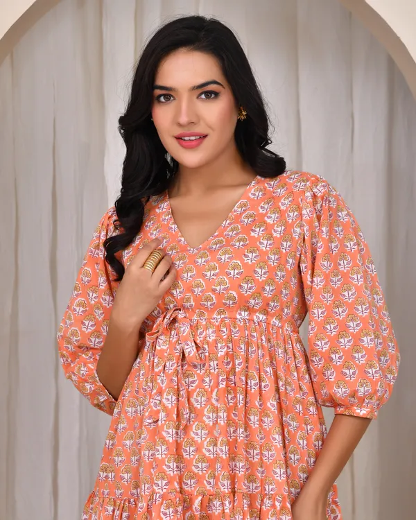 Peach_Cotton_Balloon_Sleeve_Block_Print_Mini_Dress_For_Women
