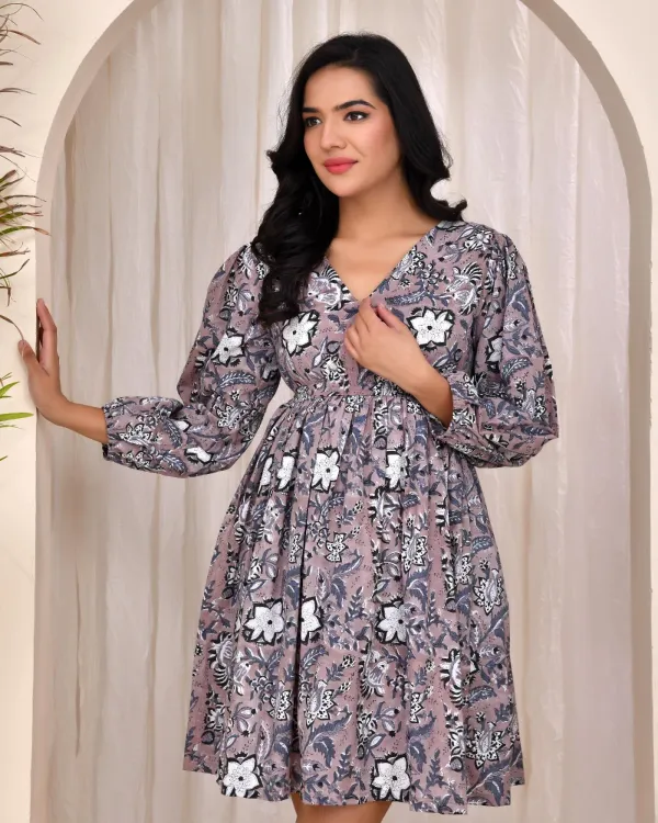 Charcoal_Muslin_Flared_Block_Print_Mini_Dress_For_Women