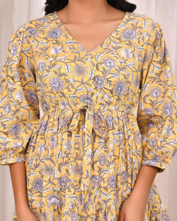 Yellow_Muslin_Floral_Block_Print_Flared_Mini_Dress_For_Women