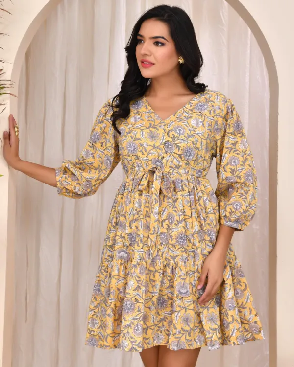 Yellow_Muslin_Floral_Block_Print_Flared_Mini_Dress_For_Women