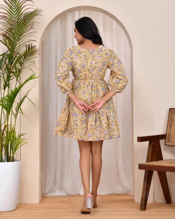 Yellow_Muslin_Floral_Block_Print_Flared_Mini_Dress_For_Women