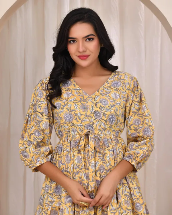 Yellow_Muslin_Floral_Block_Print_Flared_Mini_Dress_For_Women