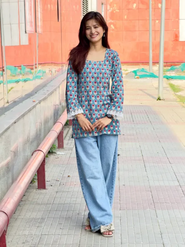 Dusty_Blue_Cotton_Corset_Hand_Block_Print_Short_Kurta_For_Women