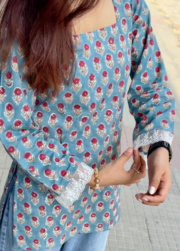 Dusty_Blue_Cotton_Corset_Hand_Block_Print_Short_Kurta_For_Women