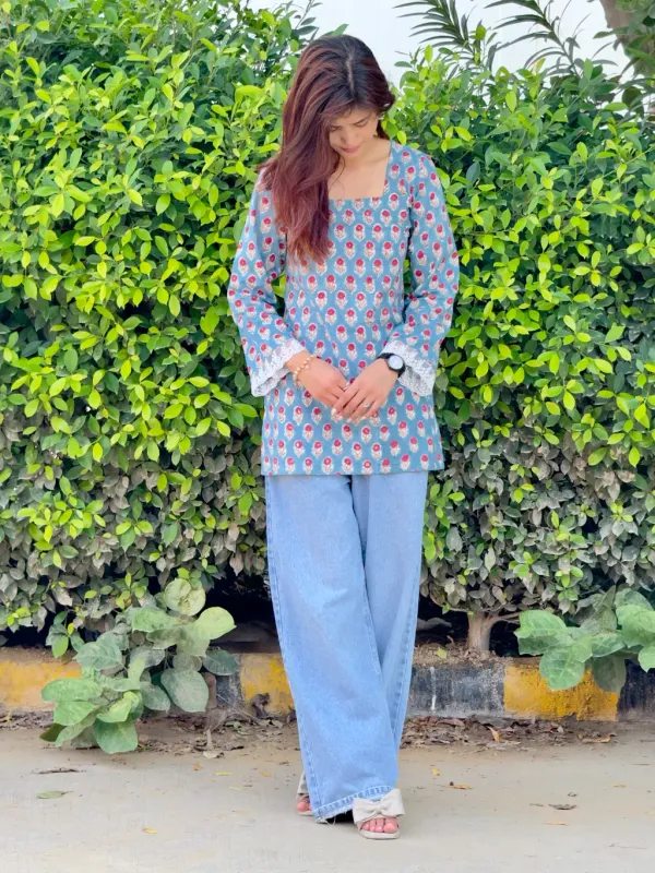 Dusty_Blue_Cotton_Corset_Hand_Block_Print_Short_Kurta_For_Women