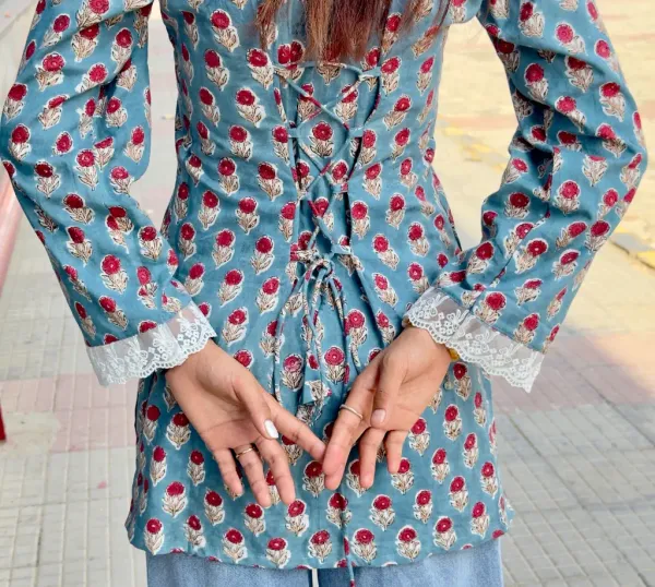 Dusty_Blue_Cotton_Corset_Hand_Block_Print_Short_Kurta_For_Women