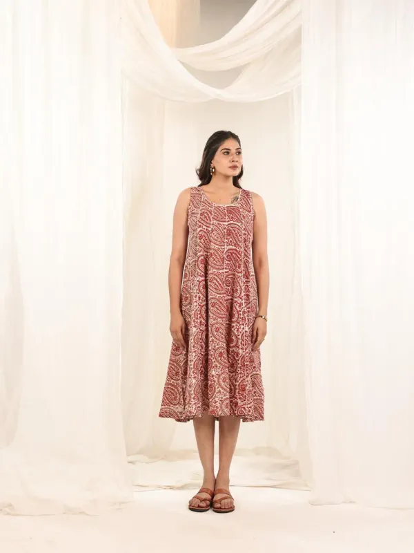 Red_Brown_Cotton_Sleeveless_Hand_Block_Print_Belted_Midi_Dress_For_Women