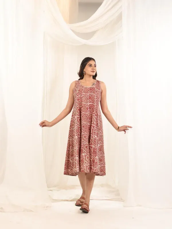 Red_Brown_Cotton_Sleeveless_Hand_Block_Print_Belted_Midi_Dress_For_Women