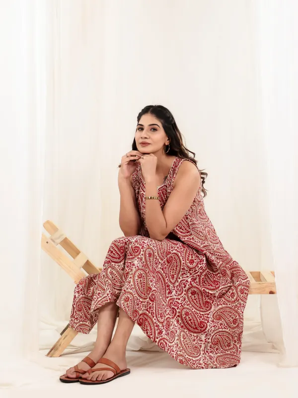Red_Brown_Cotton_Sleeveless_Hand_Block_Print_Belted_Midi_Dress_For_Women