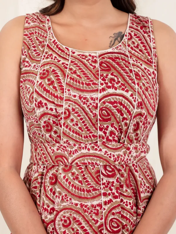 Red_Brown_Cotton_Sleeveless_Hand_Block_Print_Belted_Midi_Dress_For_Women