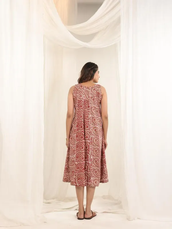 Red_Brown_Cotton_Sleeveless_Hand_Block_Print_Belted_Midi_Dress_For_Women