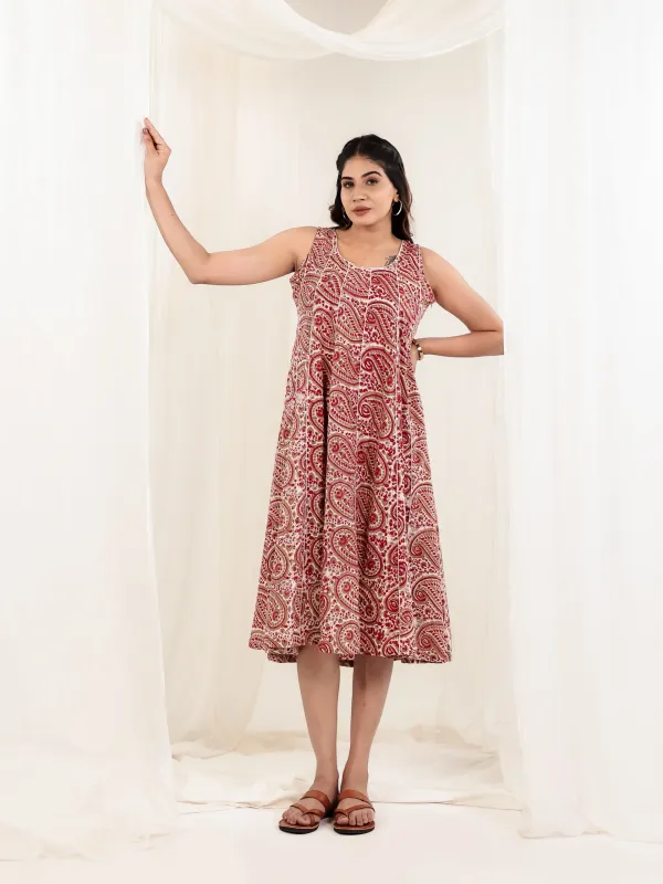 Red_Brown_Cotton_Sleeveless_Hand_Block_Print_Belted_Midi_Dress_For_Women