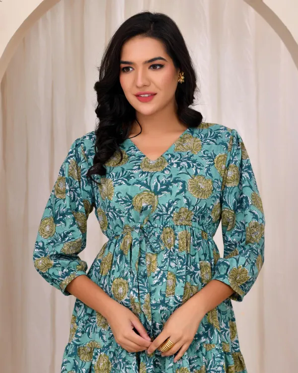 Teal_Muslin_A_Line_Hand_Block_Print_Puffed_Sleeve_Mini_Dress_For_Women
