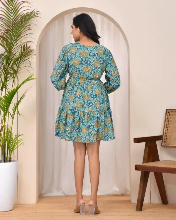 Teal_Muslin_A_Line_Hand_Block_Print_Puffed_Sleeve_Mini_Dress_For_Women
