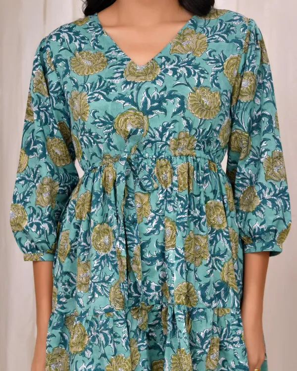 Teal_Muslin_A_Line_Hand_Block_Print_Puffed_Sleeve_Mini_Dress_For_Women