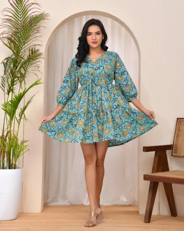 Teal_Muslin_A_Line_Hand_Block_Print_Puffed_Sleeve_Mini_Dress_For_Women