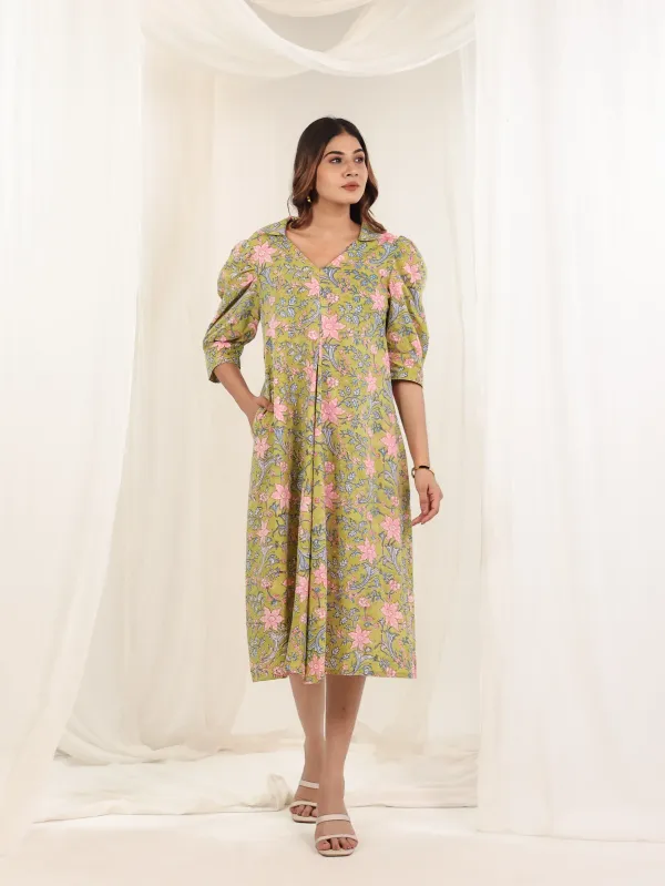 Lime_Green_Cotton_Gathered_Floral_Block_Print_Dress_For_Women