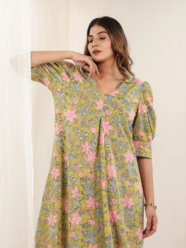 Lime_Green_Cotton_Gathered_Floral_Block_Print_Dress_For_Women
