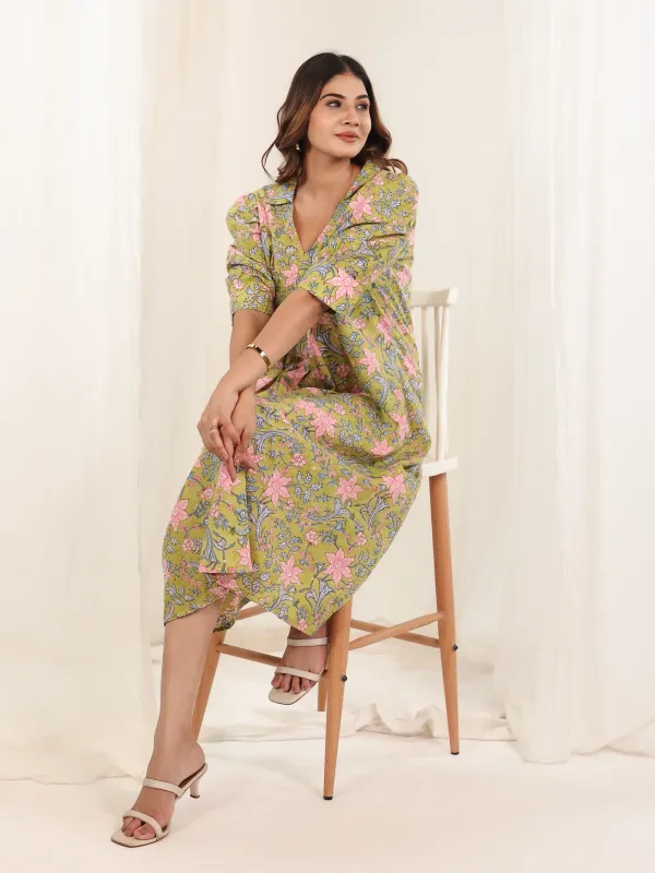 Lime_Green_Cotton_Gathered_Floral_Block_Print_Dress_For_Women