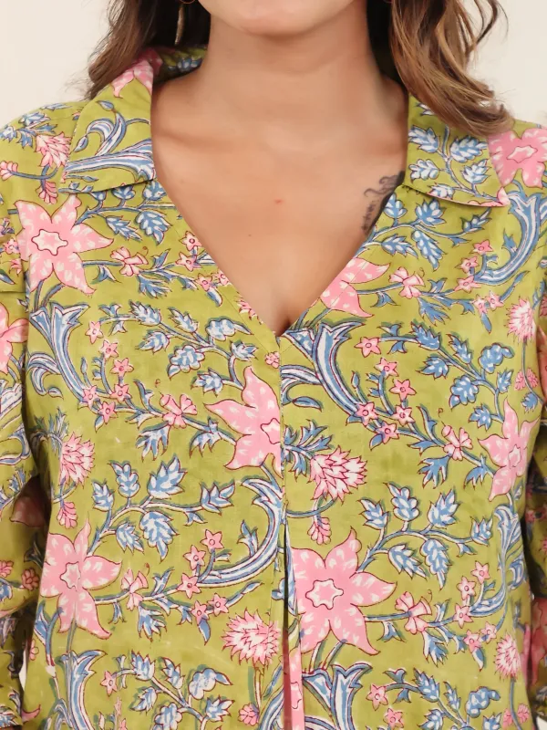 Lime_Green_Cotton_Gathered_Floral_Block_Print_Dress_For_Women