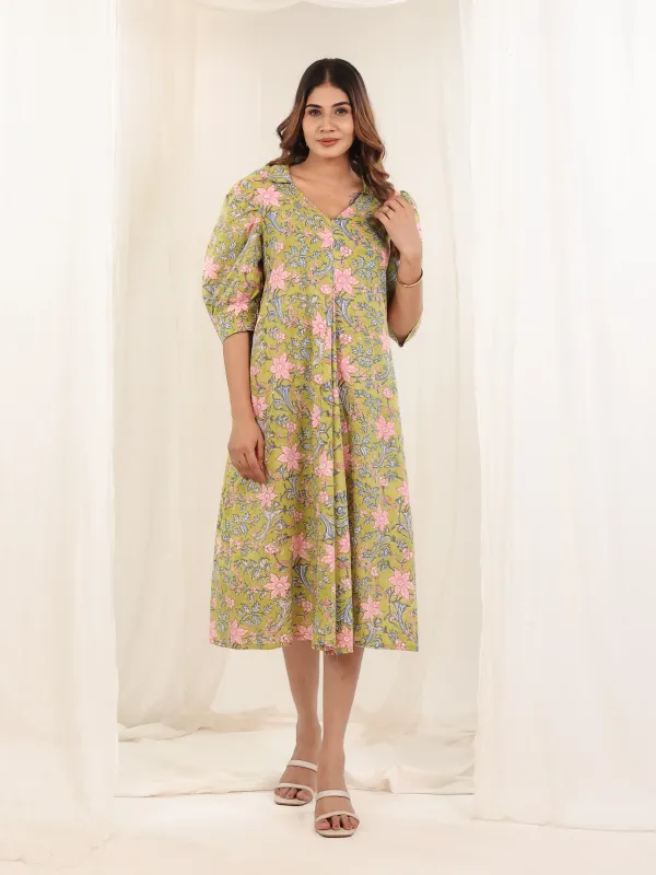 Lime_Green_Cotton_Gathered_Floral_Block_Print_Dress_For_Women