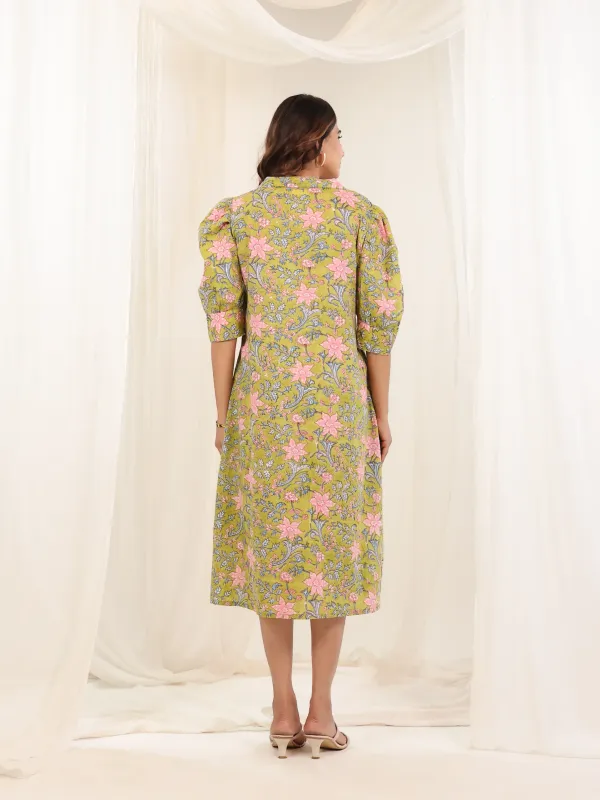 Lime_Green_Cotton_Gathered_Floral_Block_Print_Dress_For_Women