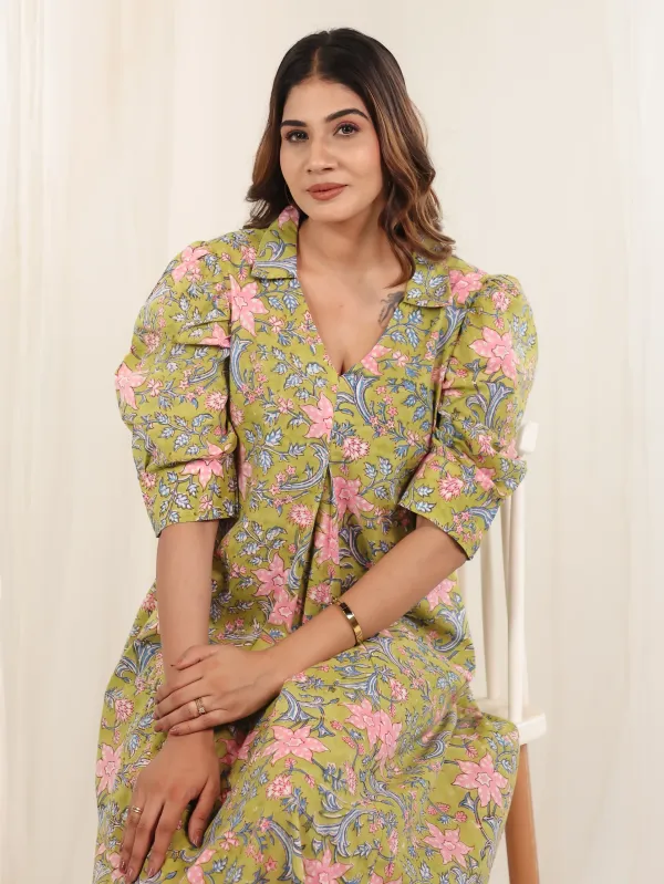 Lime_Green_Cotton_Gathered_Floral_Block_Print_Dress_For_Women