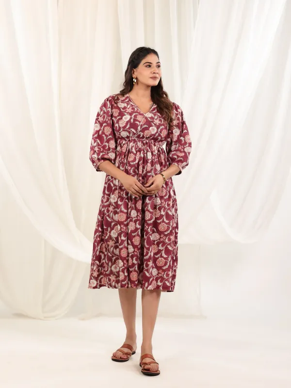 Maroon_Cotton_Flared_Hand_Block_Print_Anarkali_Dress_For_Women