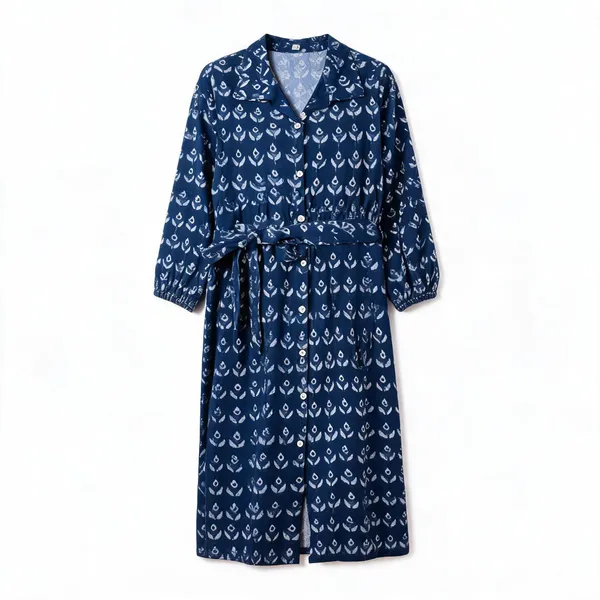 Indigo_Cotton_Slit_Hand_Block_Print_Shirt_Dress_For_Women