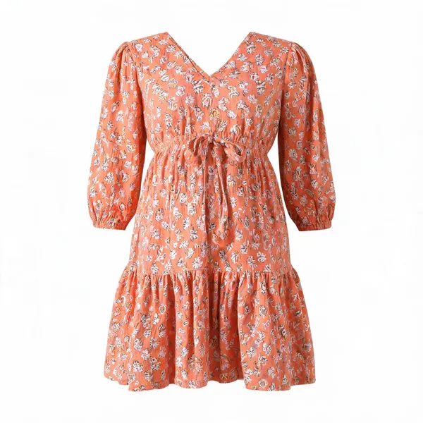 Peach_Muslin_Balloon_Sleeve_Block_Print_Mini_Dress_For_Women