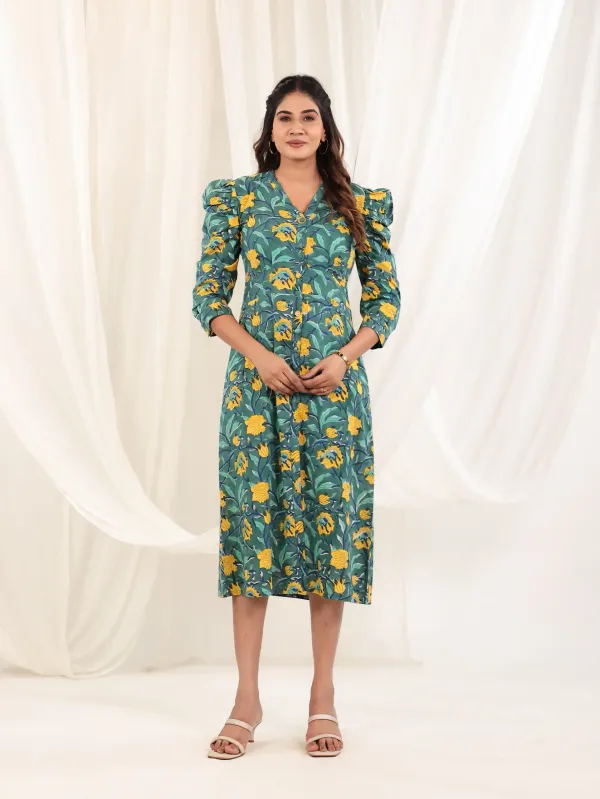 Teal_Cotton_A_Line_Block_Print_Midi_Dress_For_Women