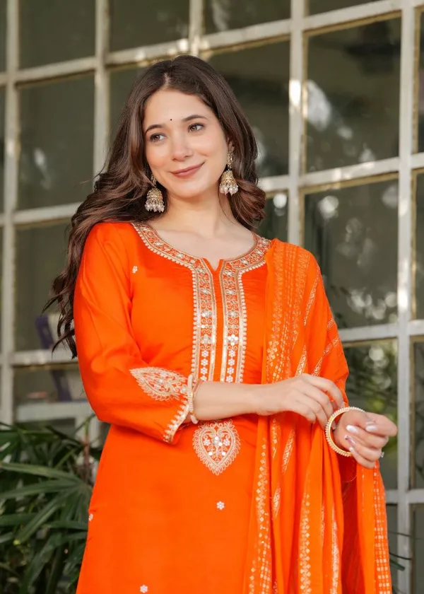 Orange_Embroidered_Sequinned_Chanderi_Silk_Kurta_And_Trousers_With_Dupatta