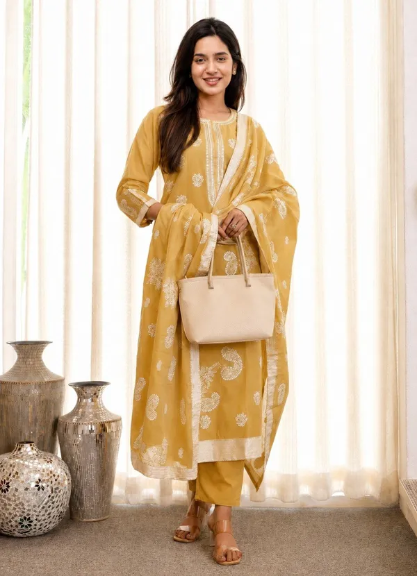 Light_Yellow_Jacquard_Pure_Cotton_Kurti_With_Dupatta_And_Pant