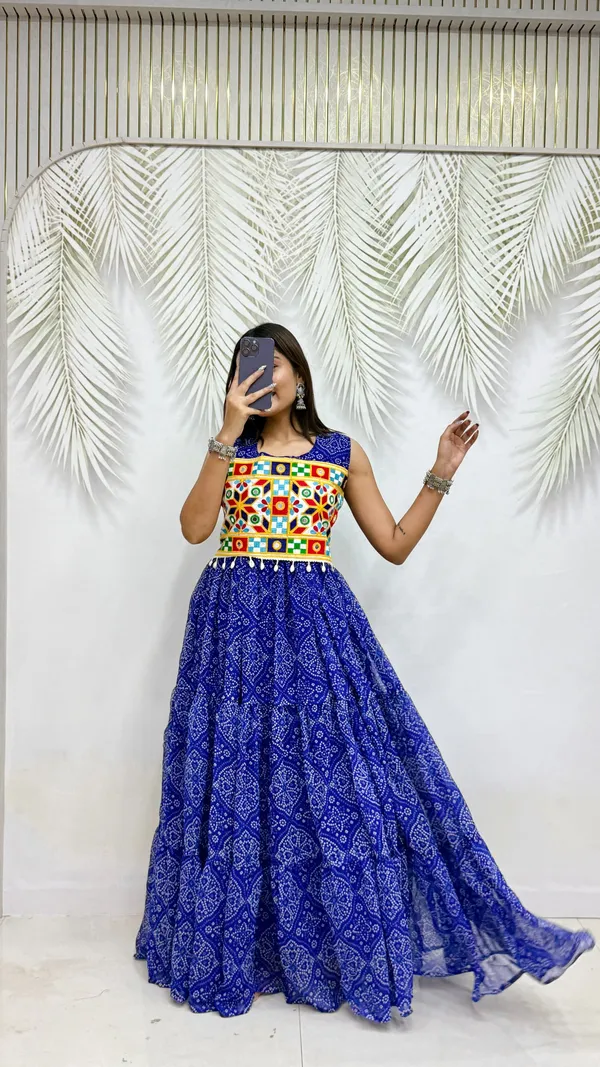 Royal_Blue_Pure_Georgette_Bandhej_Print_Navratri_Special_Tiered_Gown_With_Gamthi_Work