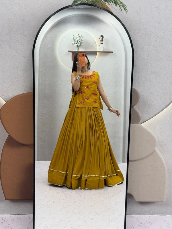 Mustard_Rayon_Cotton_Mirror_Lehenga_Jacket_Set