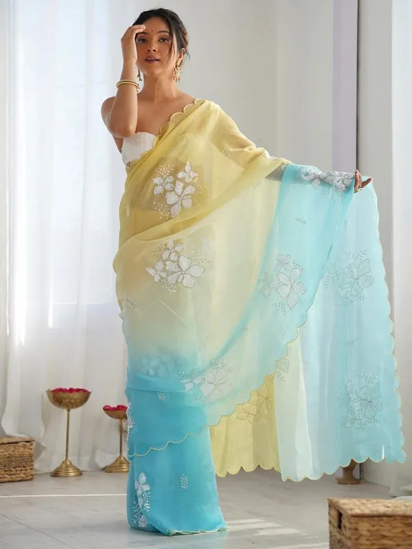 Yellow_And_Blue_Ombre_Silk_Blend_Saree_Accentuated_With_Floral_Sequins_Embroidery