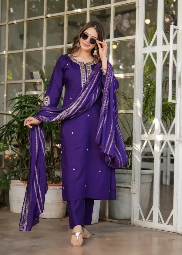 Purple_Embroidered_Sequinned_Chanderi_Silk_Kurta_And_Trousers_With_Dupatta